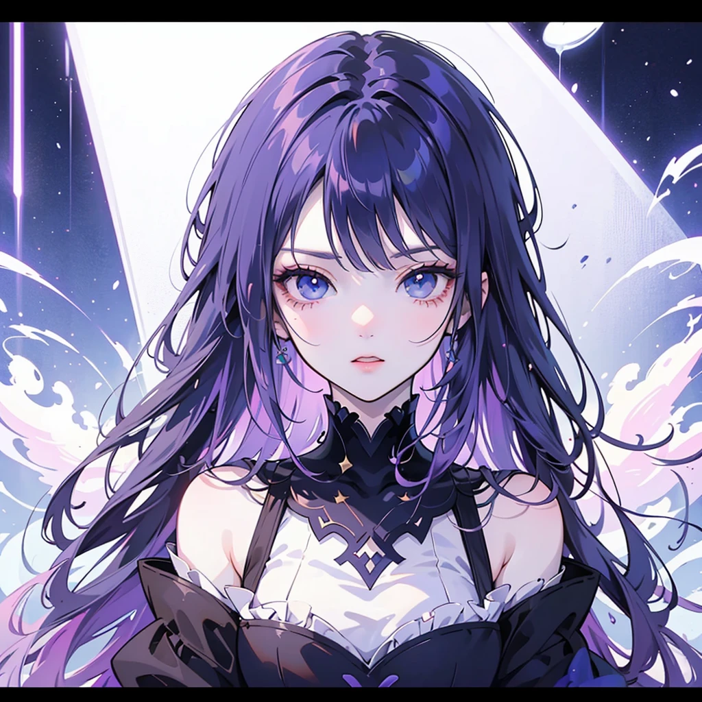 anime girl with purple hair and blue eyes looking at camera, dreamy psychedelic anime, ufotable art style, unknown artstyle, 2b, 2 b, anime vibes, ( ( bit flip | god of ai art ) ), ( ( dithered ) ), anime style mixed with fujifilm, menacing aura, ( ( dither ) ), glitched