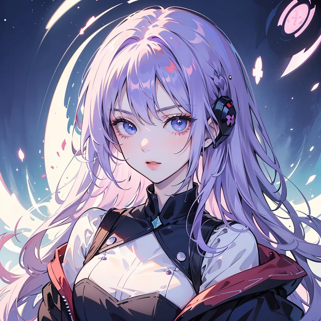 anime girl with purple hair and blue eyes looking at camera, dreamy psychedelic anime, ufotable art style, unknown artstyle, 2b, 2 b, anime vibes, ( ( bit flip | god of ai art ) ), ( ( dithered ) ), anime style mixed with fujifilm, menacing aura, ( ( dither ) ), glitched