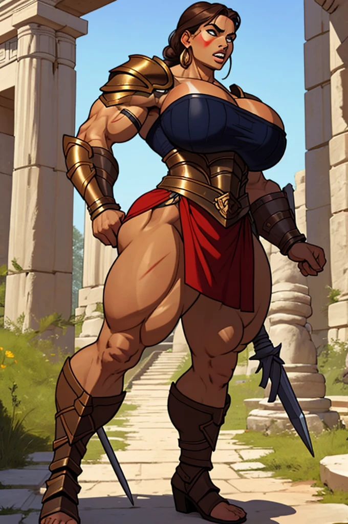 SFW close up, young girl, amazon warrior on guard holding a long spear weapon in an ancient greek-like city, chest armor huge breastplate, young, teens, muscular, athletic, buff, attractive, curvy, powerful, bulky, incase, super tanned, dark bronzed skin, extremely huge thighs, hypermuscular legs, extremely pumped up quad muscles, wearing armor, perfectly round breasts, breast implants, fake tits, really annoyed expression, scar on thighs and biceps, exaggeratedly thick thighs