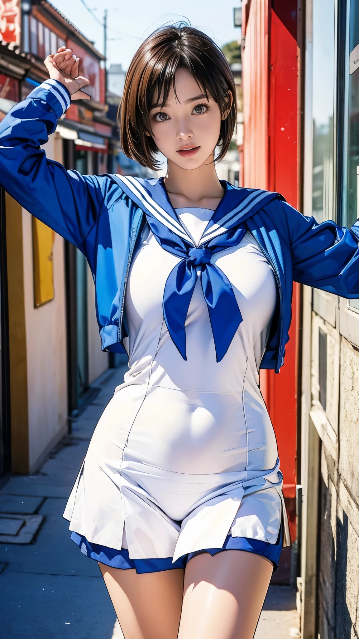 Having a blast dressed up as Sailor Mercury、Body-fitting costumes、Joy、Droopy eyes、Active pose、Raise your arms and jump、Outdoors