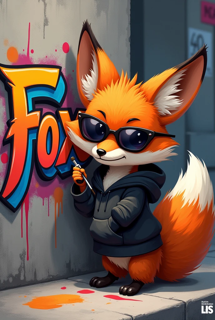 A little fox with a black hoodie and sunglasses making a graffiti that says foxey Leaning on the wall