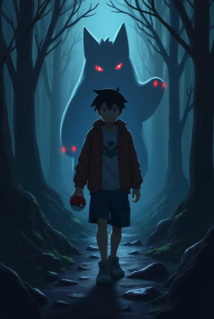 Logo de uma guild com nome Solitude, lonely pokemon trainer in search of his journey, on a dark trail with a pokeball in his hand, and a gengar pokemon hiding from the darkness to attack