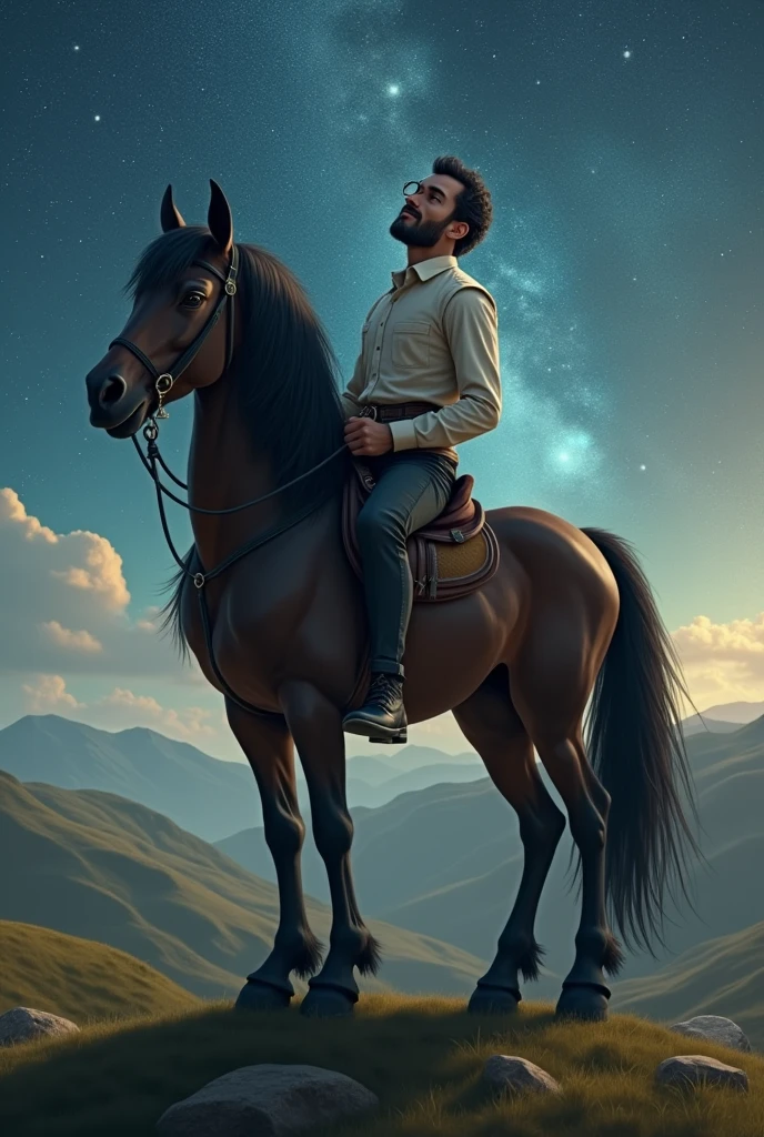 Black-haired centaur with human head and torso. He wears an old-fashioned white shirt, a monocle, and watch the stars from a valley.