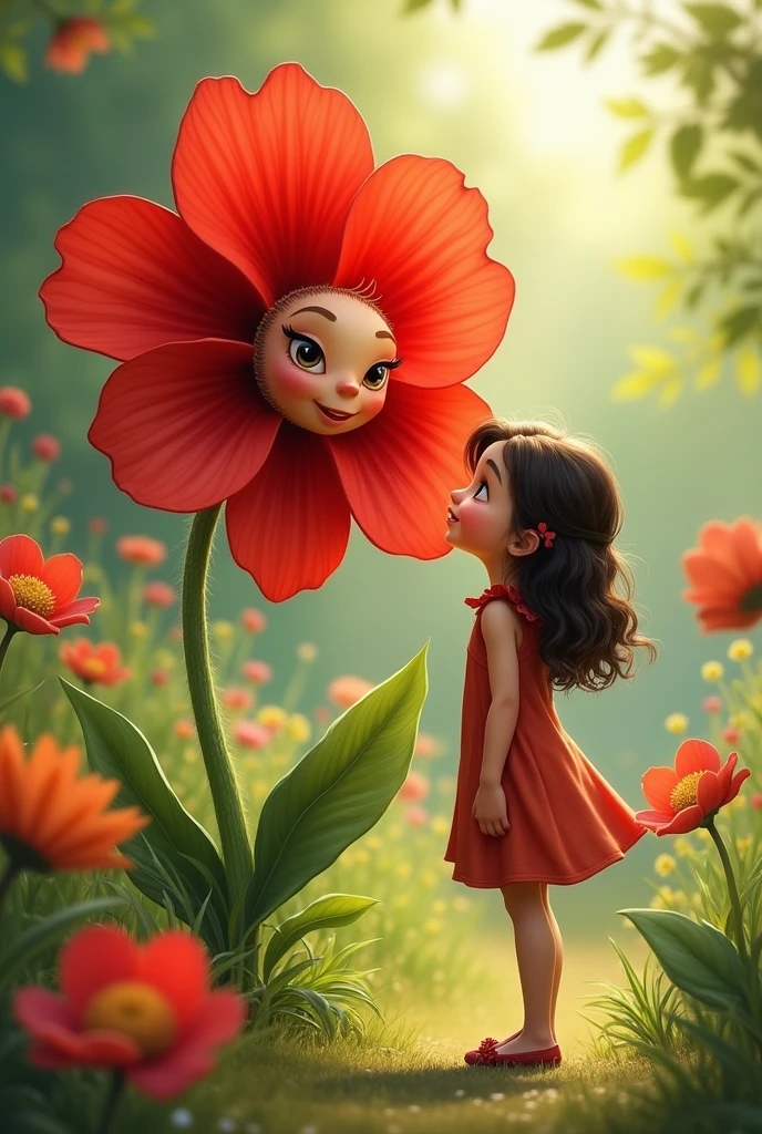 Lily approaches a bright red flower with a friendly face.