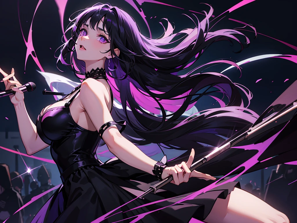 void fires, gothic stage, music stage, outside, dark night, just the stage, purple black hair, purple eyes, large breast, singing, perfect hands, perfect eyes, expressive eyes,