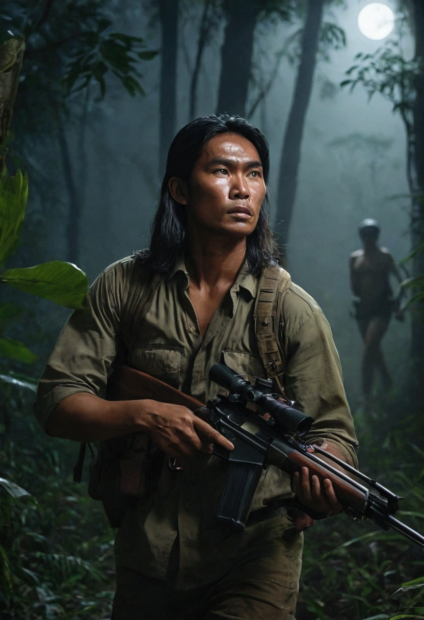 Photorealism 1.2 high definitions  face detailing 4 male at forest Asian jungle hunting one of them holding rifle moonlight effect dusk fog hunting in action dark background night headlamp naked women following them at back with long hair face not clear