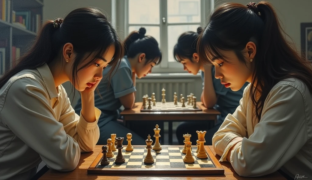 A stunning and oil painting of two young beautiful Korean women, -18, beautifully portrayed with a tensed and melancholic expression are locked in a tense chess match. The chessboard between them is a battlefield of strategic maneuvers and calculated risks. Each move is deliberate. The only sounds are the soft clinks of chess pieces and the occasional murmur of contemplation, as both players remain deeply focused on the game, there are other matches going on in the background. the background is little blur. The atmosphere is charged with concentration and quiet intensity.. wide angle, adding to the sense of unease. The painting exhibits a real-like, impressionistic style, with visible brush strokes that create a sense of depth and texture. The color palette primarily consists of warm tone, grays, and blacks, evoking a light atmosphere.