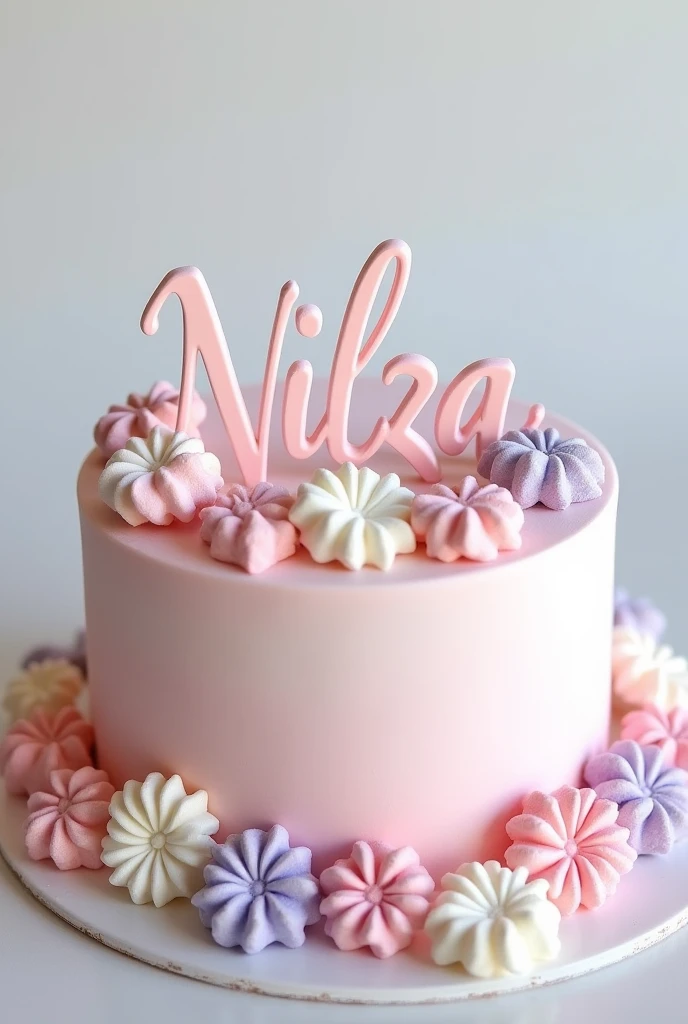 Make a printable cake topper with the word Nilza written on it. Pra um bolo decorado com marshmallow fini de flor