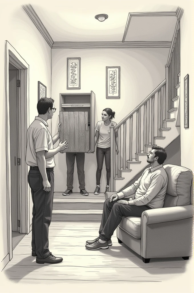 You are sitting on the sofa in the hall of your bungalow and your father is standing by the stairs and giving some instructions as two people from the stairs are trying to carry a cupboard upstairs.  Sketch the scene as it appears