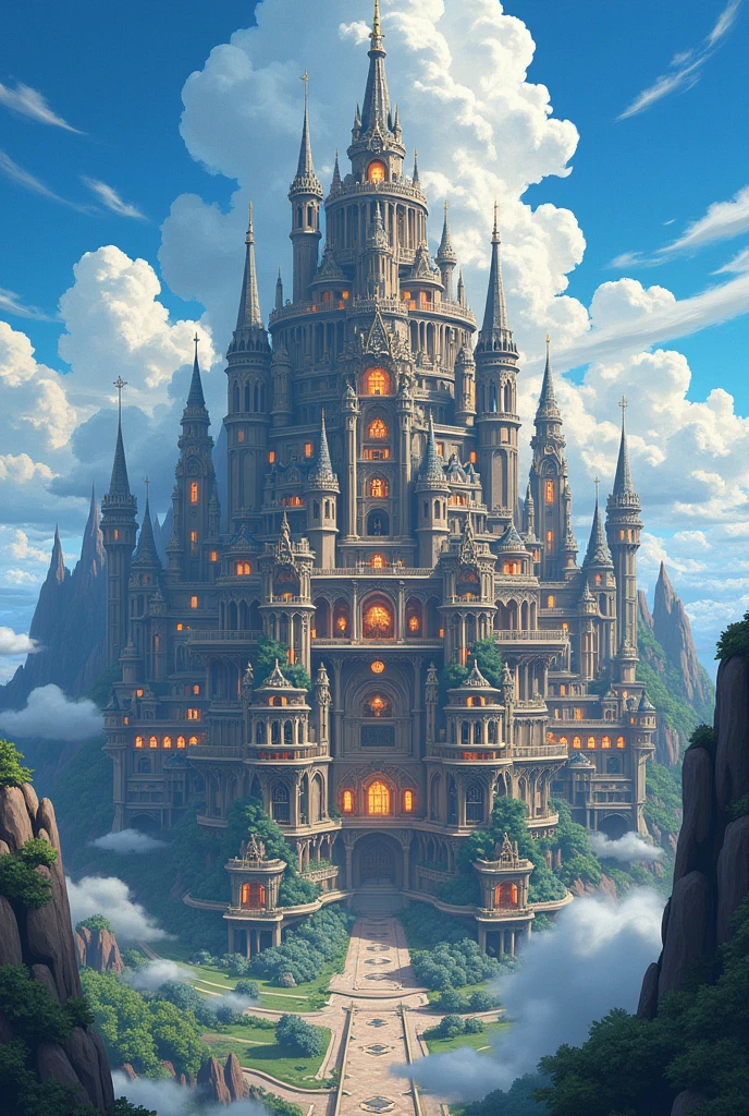 a 2D anime style image Breakdomain in the 2D anime animation style of:A palace castle of 898 trillion and 800 billion and 687 million and 289 thousand dimensional meters, its Towers rise so high that it seems to touch the sky and its halls are vast enough to house entire cities within its walls, each room is adorned with treasures and artifacts from different worlds, different worlds reflecting the grandeur and the power 