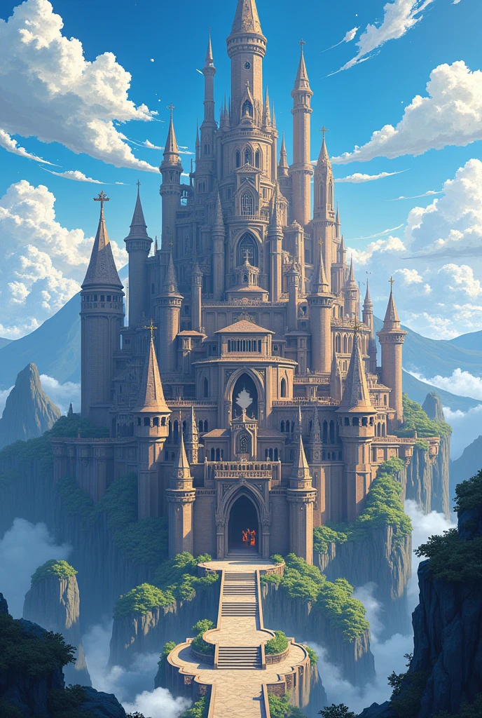 a 2D anime style image Breakdomain in the 2D anime animation style of:A palace castle of 898 trillion and 800 billion and 687 million and 289 thousand dimensional meters, its Towers rise so high that it seems to touch the sky and its halls are vast enough to house entire cities within its walls, each room is adorned with treasures and artifacts from different worlds, different worlds reflecting the grandeur and the power