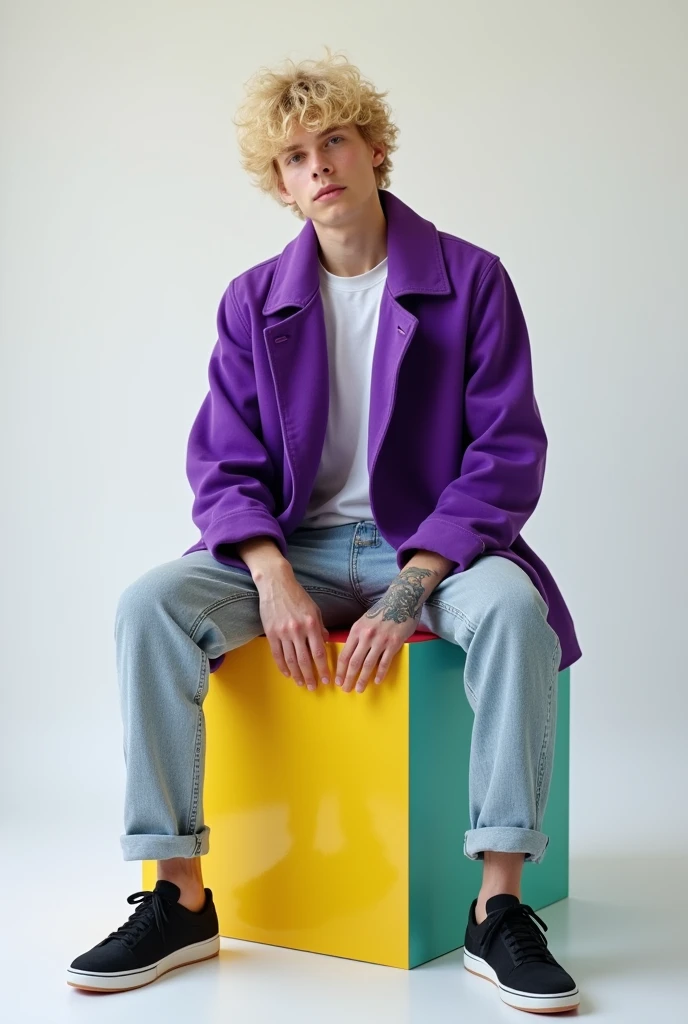 best qualityer:1.4), (ultra high resolution:1.2), (photorrealistic:1.4), (8k, CRU photo:1.2), 1 28 year old man with fair skin. Voluminous blonde hair. brown eyes . He's wearing a purple coat. light jeans. black sneakers. He is sitting on top of a colorful cube. You are in a photography studio with a white background. tattoo on left arm . brazileiro