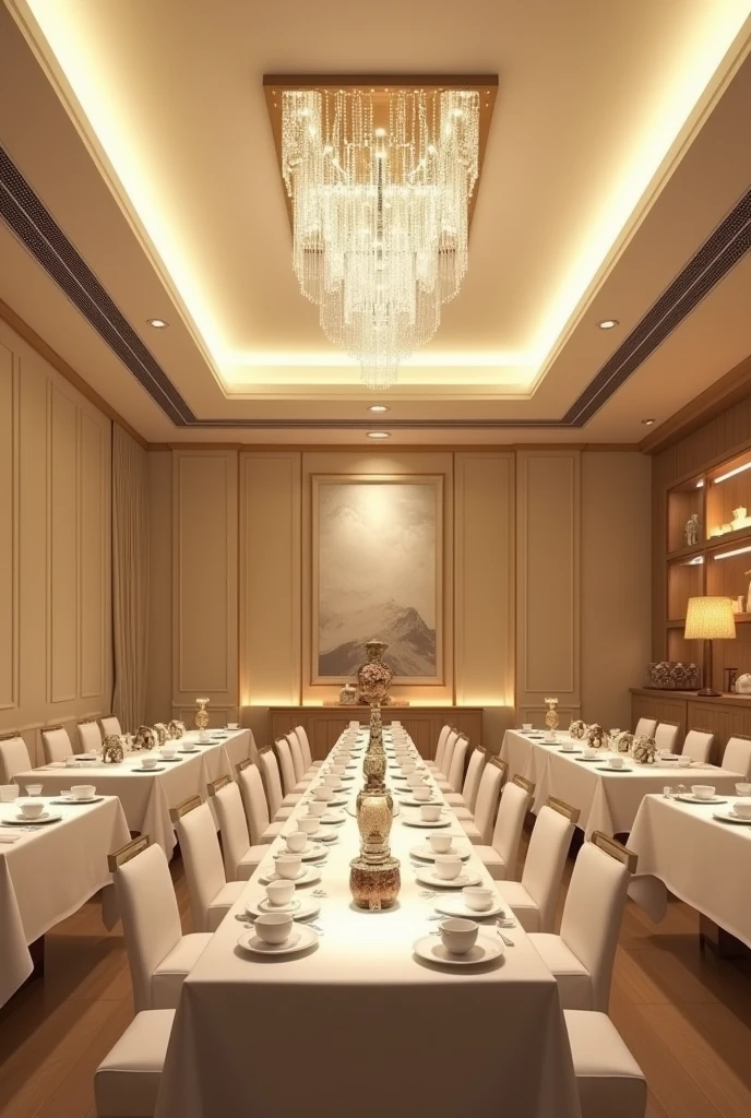 The restaurant tea room is 12 meters long and 6 meters wide. The ceiling is 3.5 meters high, smooth and light in color. On the ceiling is a long rectangular chandelier made of small balls 60 cm wide and square in length. No windows. Rectangular table for 40 persons, with a white tablecloth, cups on the table. Chairs in white covers, Walls without windows, with square