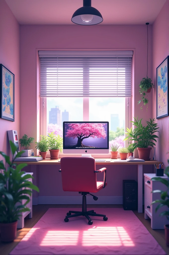 ((best quality)), ((masterpiece)), (detailed), cute empty female gamer room, anime styling, in shades of pink and purple,with several plants scattered around, some anime paintings and drawings on the walls and some art materials next to the table, computer with wallpaper of a Sakura tree.
