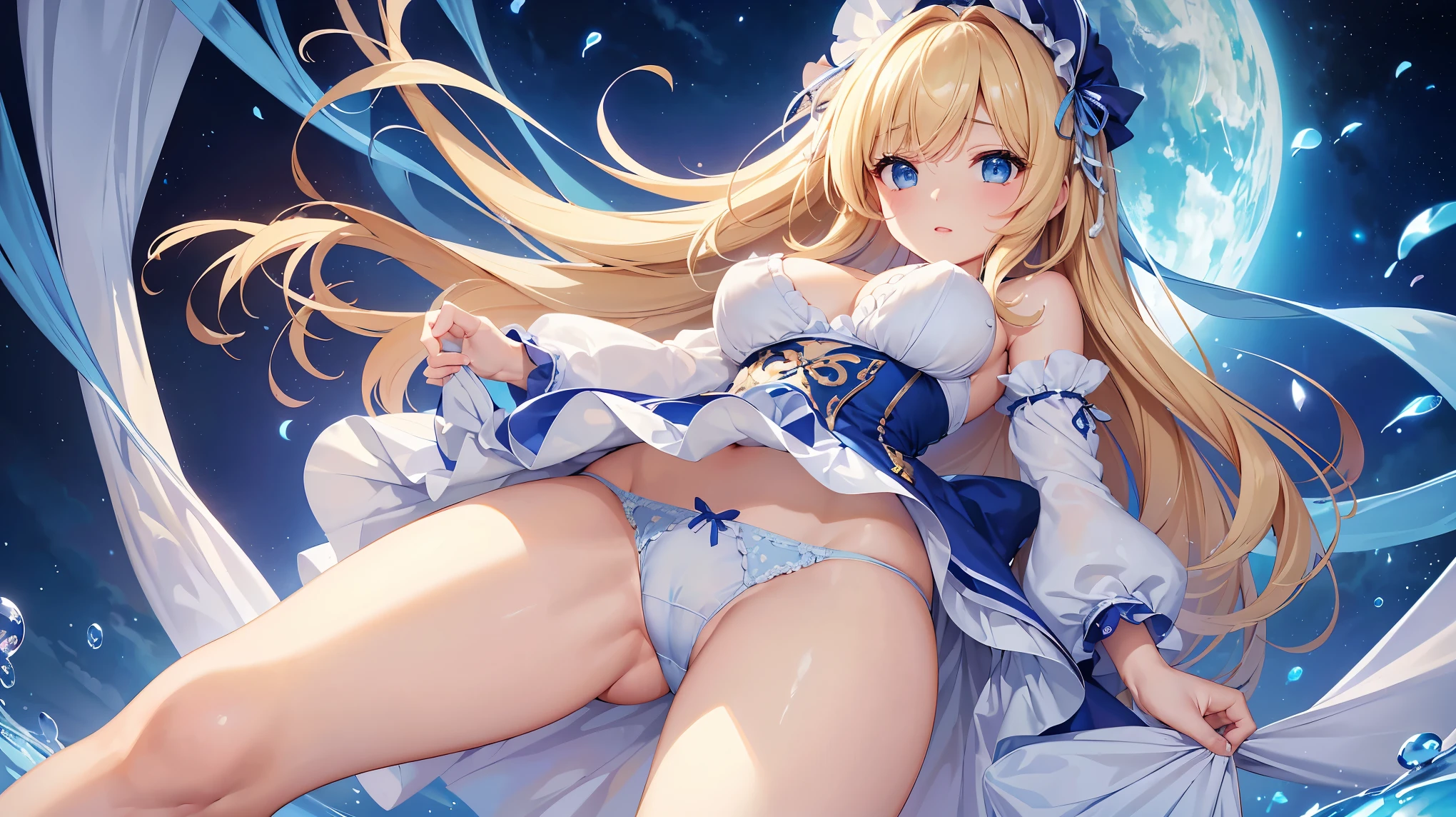 ((Highest quality、High resolution))、Beautiful woman、Perfect body、Beautiful and bountiful breasts、(tits)、long blond、bangs、Blue and white、Embellished blue sexy dress、skirt、(((Showing panties、I'm tempting you、A woman opening her legs and inviting sex)))、Outdoor Scenery