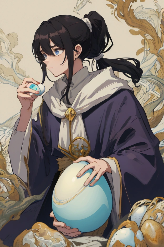 a wizard with hair tied in a ponytail, holding an egg
