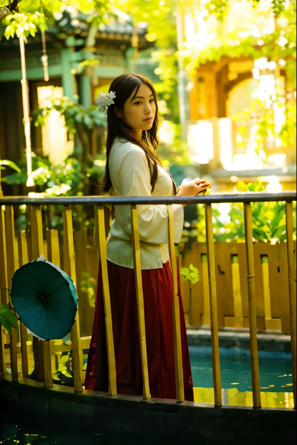 (Best quality, 8k, 32k, Masterpiece, UHD:1.2) "Transform the setting into a serene garden nestled within the palace of Ancient China. Envision traditional Chinese architecture surrounding the garden, with intricately carved wooden beams and ornate roofs adorned with upturned eaves. The garden itself is a tranquil oasis, filled with meticulously arranged plants, including bamboo groves, bonsai trees, and vibrant peonies in full bloom. A calm, reflective pond occupies the center, with koi fish swimming beneath the surface and a stone bridge arching gracefully over it. Lanterns hang delicately from the trees, casting a soft, warm glow. In the distance, a pagoda stands tall, partially hidden by the lush greenery. The air is filled with the faint scent of jasmine and the sound of rustling leaves, creating a peaceful and harmonious atmosphere, reminiscent of the imperial gardens of Ancient China's royal palaces." ((water)) ((lake)) ((Hydrangeas))