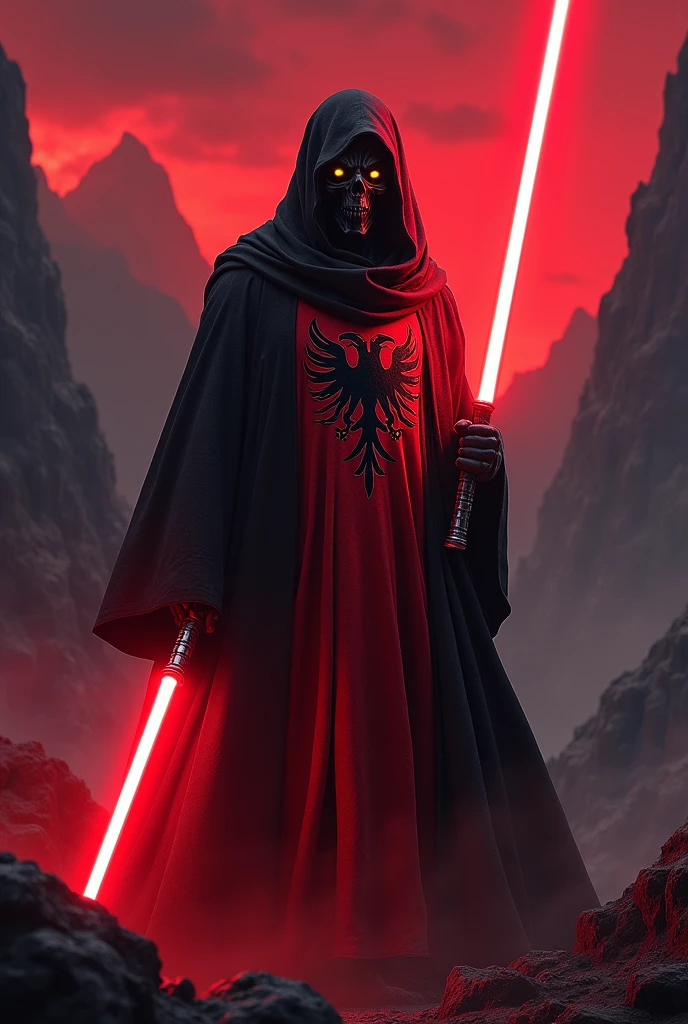 The country albania as a Sith Lord from Star Wars, colors of the flag (red, black), red lightsaber, scary, frightening, ultra-realistic