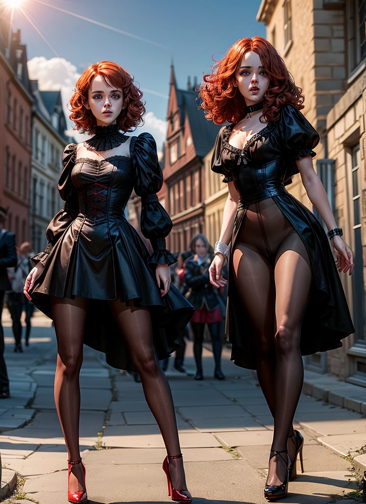 Emma Watson, vampire girl, very curly red hair, gothic clothes, blue pantyhose, high heels, sun shiny day