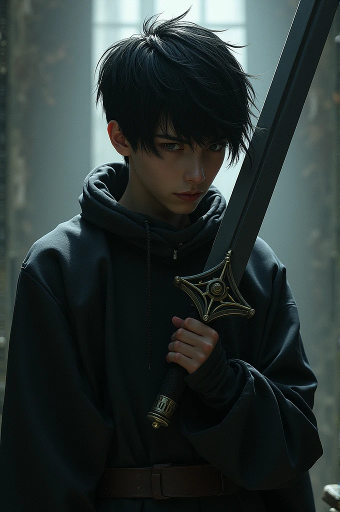 A character with a haircut covering his eyes with a large sword