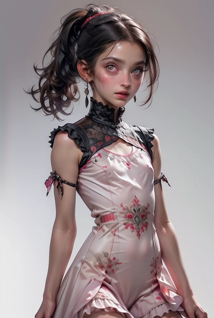 ((best quality)), ((masterpiece)), (detailed), perfect face (((masutepiece, of the highest quality, super detailed))), hand drawn style, hand painted style, watercolour, sketch, a knight, white background, plain background, Bloodborne inspired, tatty Bloodborne attire, occult aesthetic, occult, tatty red and white clothing detailed and intricate steampunk and detailed gothic lolita (with a hood), long coat, Complex laced boots, Fluttering lace flared long knee length dress with frilly petticoats, long dress, knee length dress, pleated petticoats, lolita dress, petticoats gothic lolita aesthetic, beautiful small breasts, (((flat chest:1.1))), (((( Highly detailed face))), small thin nose, Small thin lips mouth, (((Very sharp focused eyes))), Very large slit precision pale grey eyes that shine like jewels. looking at viewer, (resolved expression), (resolute expression), ((dark hair)), ((long ponytail, thick ponytail, heavy ponytail)), very long eyelashes, white background, Very dramatic and cinematic lighting, tatty damaged old red and white clothing, full body, whole body, body, cosmic horror, grim dark, (NSFW)