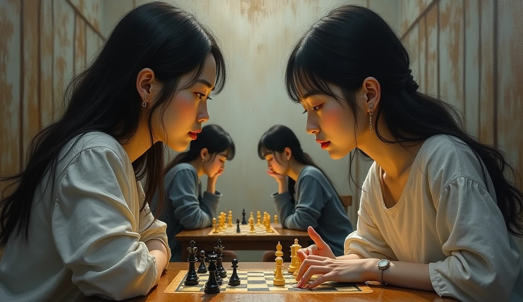 A stunning and oil painting of two young beautiful Korean women, age 16-18, beautifully portrayed with a tensed and melancholic expression are locked in a tense chess match. The chessboard between them is a battlefield of strategic maneuvers and calculated risks. Each move is deliberate. The only sounds are the soft clinks of chess pieces and the occasional murmur of contemplation, as both players remain deeply focused on the game, there are other matches going on in the background. the background is little blur. The atmosphere is charged with concentration and quiet intensity.. wide angle, adding to the sense of unease. The painting exhibits a real-like, impressionistic style, with visible brush strokes that create a sense of depth and texture. The color palette primarily consists of warm tone, grays, and blacks, evoking a light atmosphere.