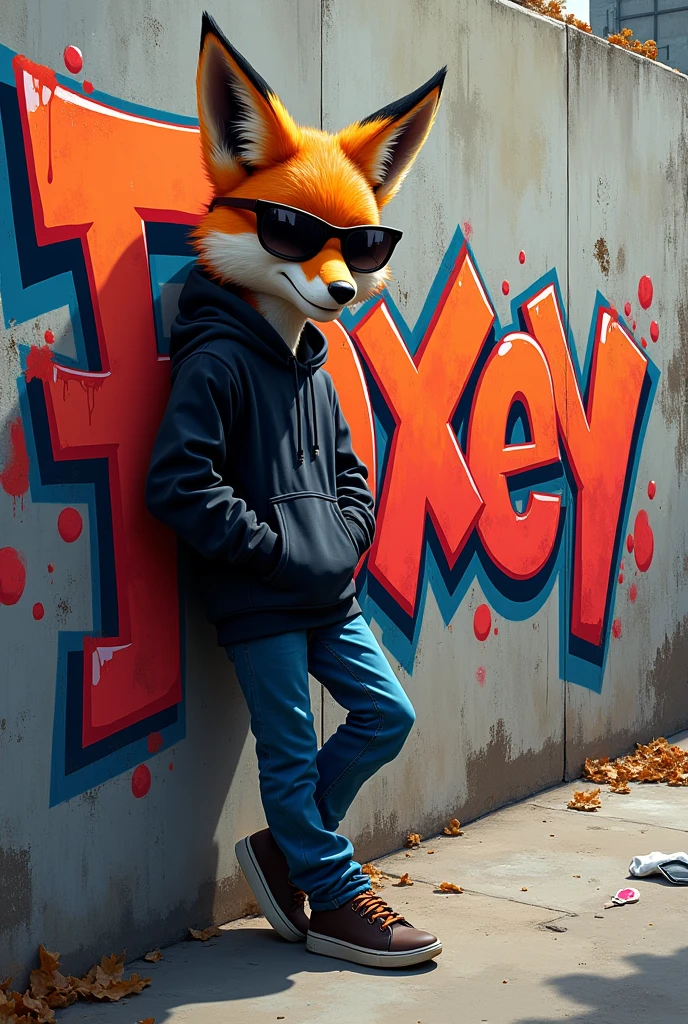 A fox with a black hoodie and sunglasses making a graffiti that says foxey Leaning on the wall