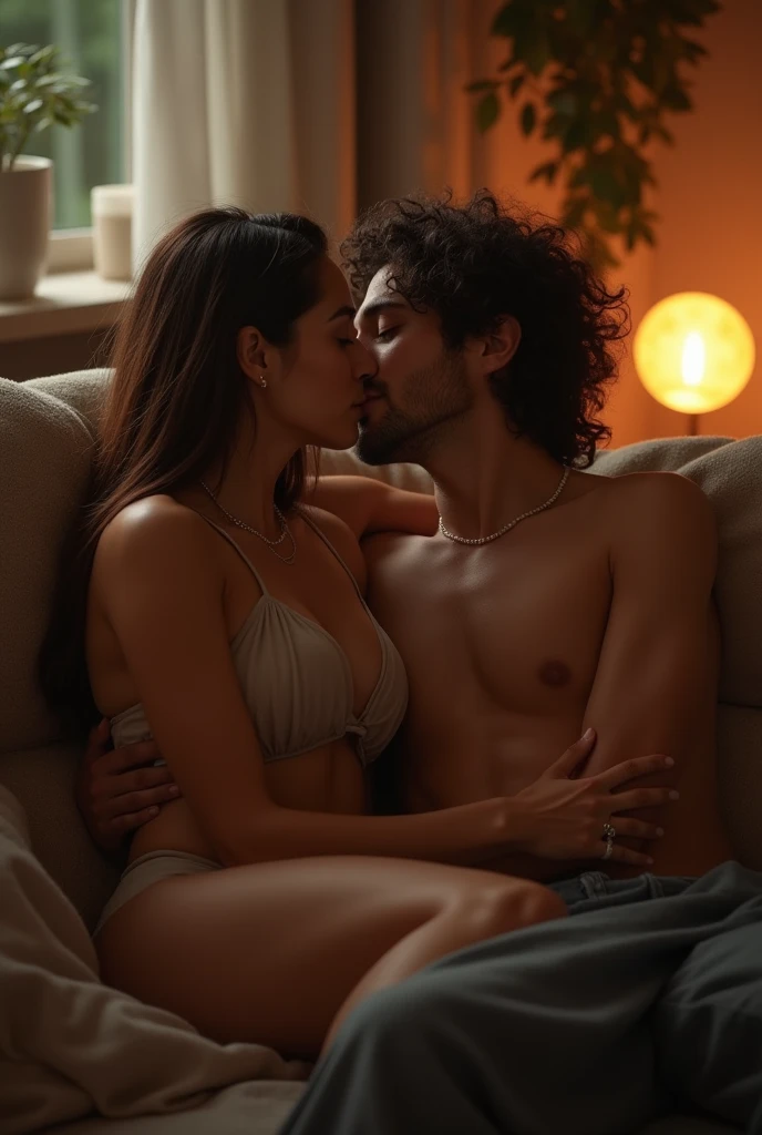nsfw Sexy busty woman kissing 25 years young handsome man, sofa , living room , romance, Full body