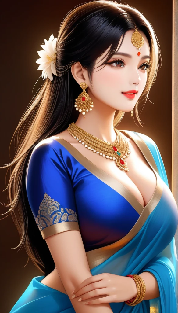 (1woman, mature,messy hair,silk blue saree with intricate patterns, long jhumka earrings, detailed alluring eyes, smooth detailed lips, beautiful face, smiling, red lipstick, navel, bangles, huge saggy breasts, photorealistic, 8k, hyperdetailed, vibrant colors, studio lighting, masterpiece, cinematic composition, dramatic lighting, intricate details, highly realistic skin textures, volumetric lighting, beautiful intricate jewelry, warm color palette, natural lighting, elegant pose, beautiful detailed expression, hyper realistic rendering, seamless blending, flawless skin, glowing skin, delicate features, breathtaking realism, striking composition),tall , necklace, bangles ,navel,full body view