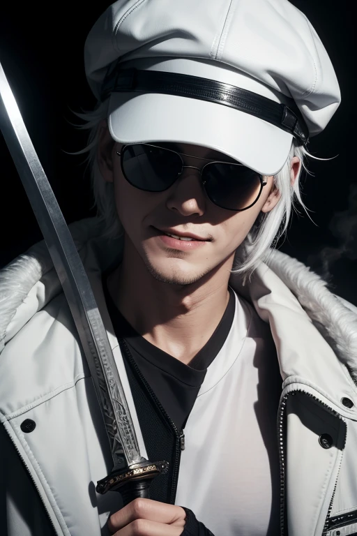 horror style,dry eyes,white jacket,source_anime,white cap,white hair,retoro,noisy,holding_sword,male,old,sunglass,masterpiece,best quality,little smile