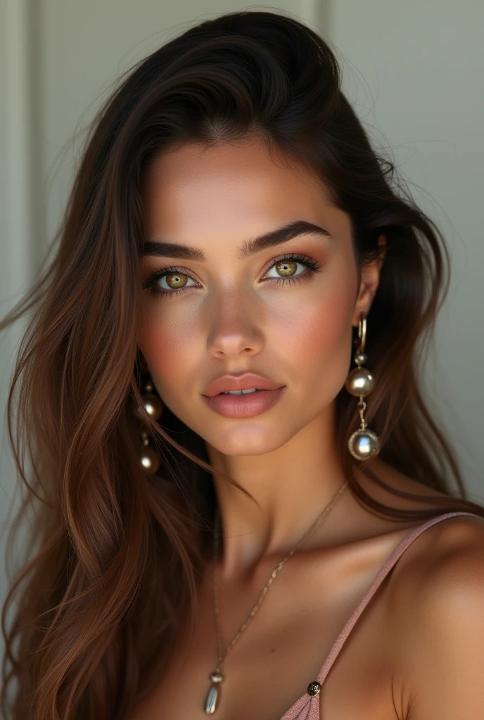 hyperrealistic portrait of a young Spanish woman, 25 years old, brunette, light red hair, honey-colored eyes, very attractive, sexy, influencer, instagram