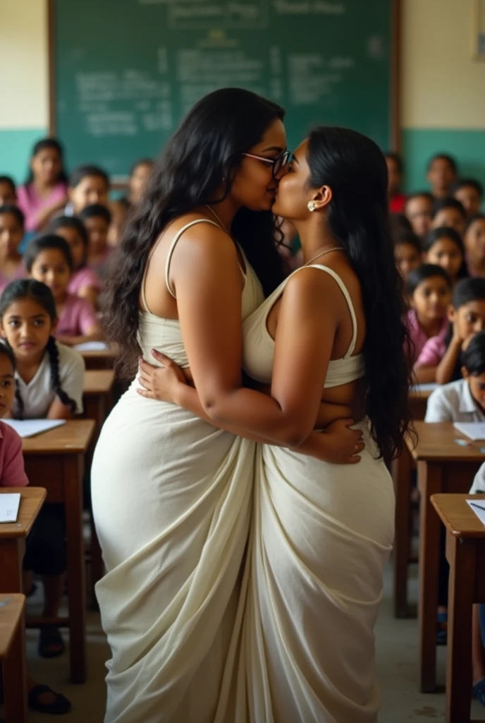 A specs wearing plus sized beautiful a white transparent chiffon saree and bra wearing South Indian teacher kissing a boy in class room, a group of boys and girls cheering next to them