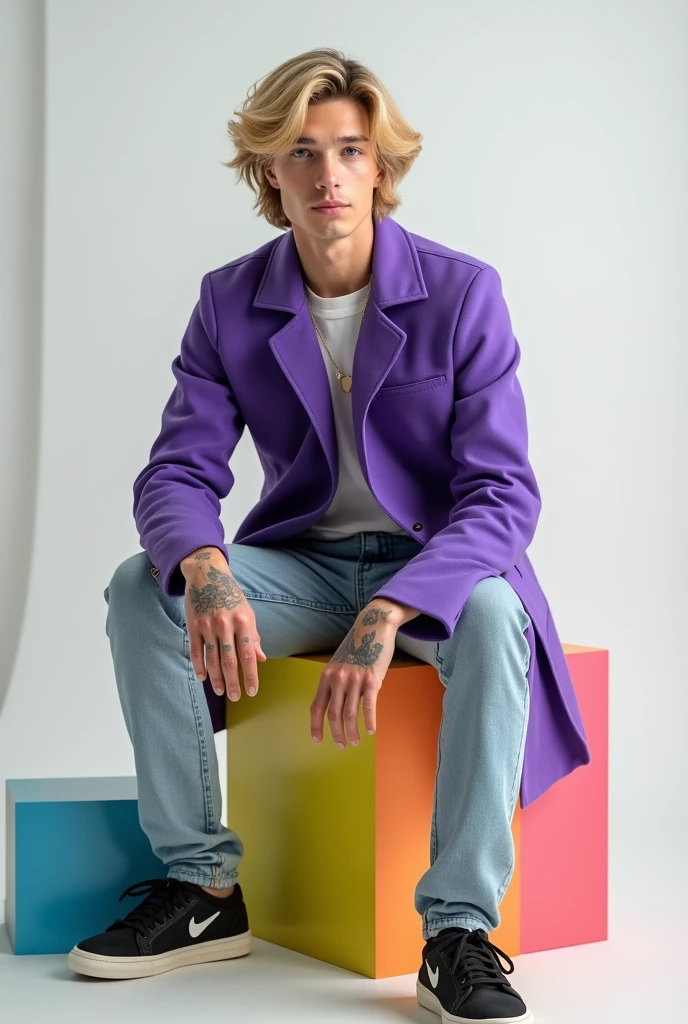 best qualityer:1.4), (ultra high resolution:1.2), (photorrealistic:1.4), (8k, CRU photo:1.2), 1 28 year old man with fair skin. Voluminous blonde hair. brown eyes . He's wearing a purple coat. light jeans. black sneakers. He is sitting on top of a colorful cube. You are in a photography studio with a white background. tattoo on left arm . brazileiro