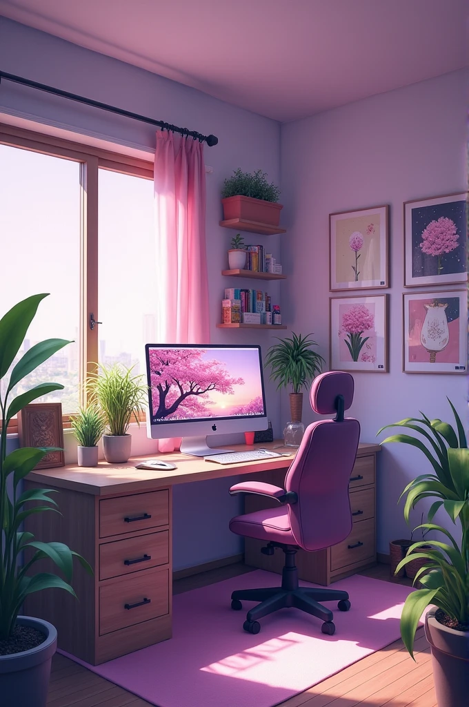 ((best quality)), ((masterpiece)), (detailed), cute empty female gamer room, anime styling, in shades of pink and purple,with several plants scattered around, some anime paintings and drawings on the walls and some art materials next to the table, computer with wallpaper of a Sakura tree.