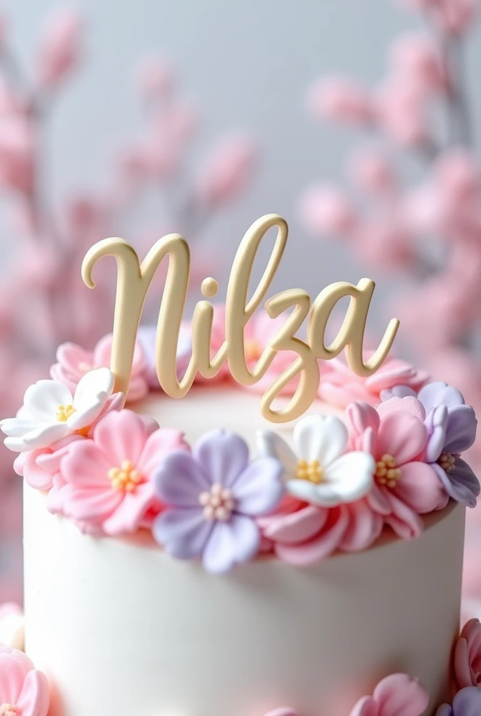 Make a printable cake topper with the word Nilza written on it. Pra um bolo decorado com marshmallow fini de flor