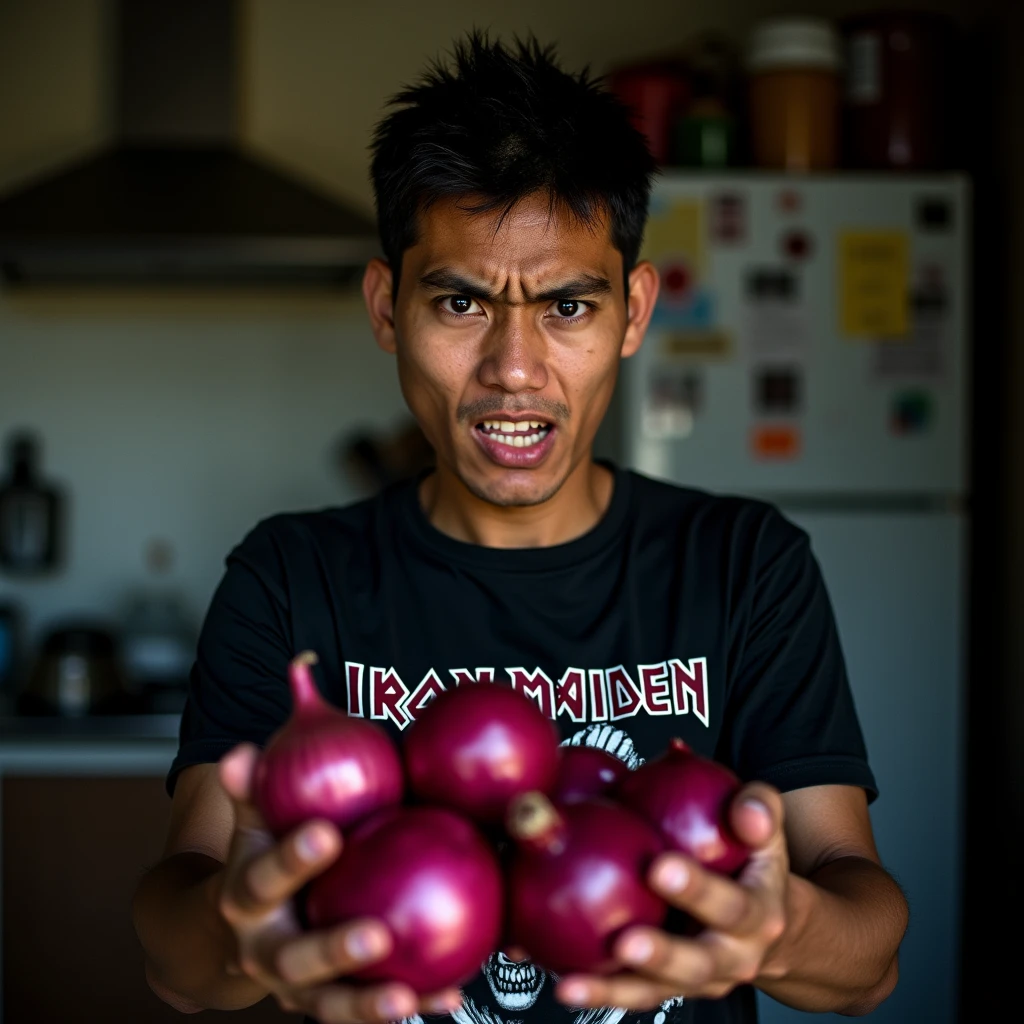Original photo. Indonesian young man wearing a black iron maiden t-shirt. angry expression while holding a lot of red onions in his hand showing to the camera. kitchen atmosphere. Ultra-realistic 8K photo, taken with Leica Q2, strong color contrast and sharp clarity --ar 9:16 --quality 2 --