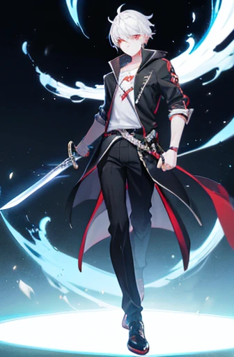anime boy holding a sword with glowing eyes full body view