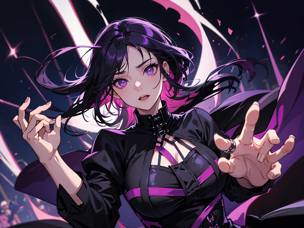 void fires, gothic stage, music stage, outside, dark night, just the stage, purple black hair, purple eyes, large breast, singing, perfect hands, perfect eyes, expressive eyes,