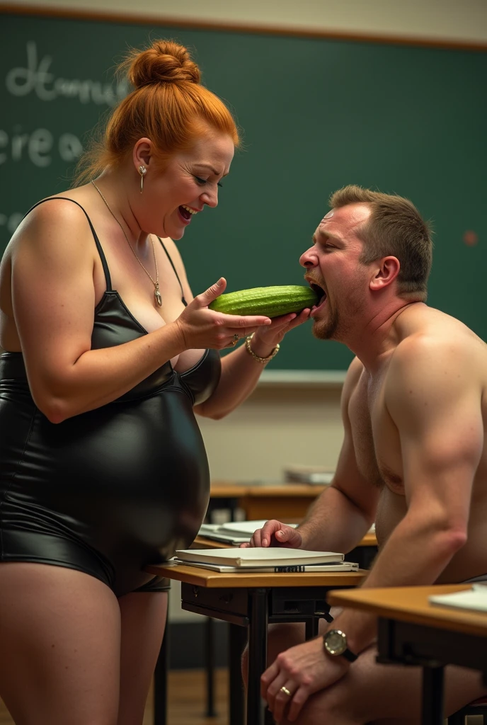 NSFW, XXX image, exposed huge boobs, hyper realistic photo with a mistress and her man student, 1woman, 65yo sexy plumper aged woman, wrinkled, double chin, she firmly pushes with hand's palm a big cucumber deep into man's wide open mouth, standing in a crowded nudist classroom, bending forward pushing on student's head, tall beautiful stunning mistress, voluptuous, classy, mature, eyeglasses, strict, ginger hair with bun, firmly forcing with hand's palm a big cucumber in man's wide open mouth, ((ultra deep cleavage, exposed breasts, high angle downblouse shot, nippleslip, sleeveless very tight short elegant leather fetish femdom dress with slits and zips, naked belly, laughing looking at the camera, looking at the viewer)), BREAK, 1man, small round student, naked, sit bending forward on a desk full of books, submissive obedient man, young sad embarrassed face, afraid candid expression, opened wide mouth swallowing the cucumber pushed by mistress palm, pushing the mistress away, ((detailed classroom background, perfect bright lighting)), wide angle lens full bodies shot, both faces in framing