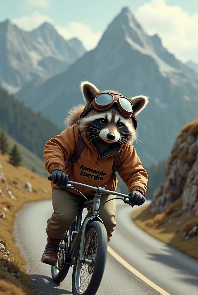 Raton laveur sur un velo, circuit avec arrivee en haut de la montagne, casque de l’aviation militaire en cuir, lunette de pilote , pull avec ecris romande energie