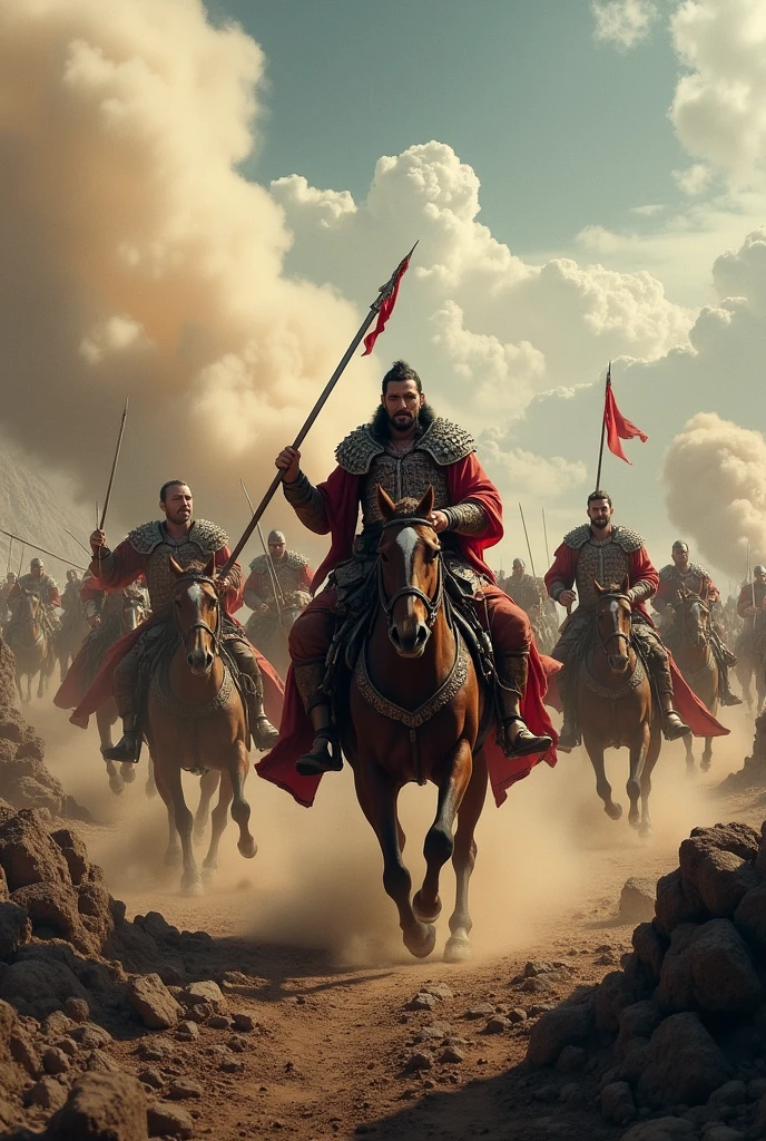 Create another dramatic image of a Mongol horde on horses and in battle against a rival that looks very real and makes the scene dramatic.