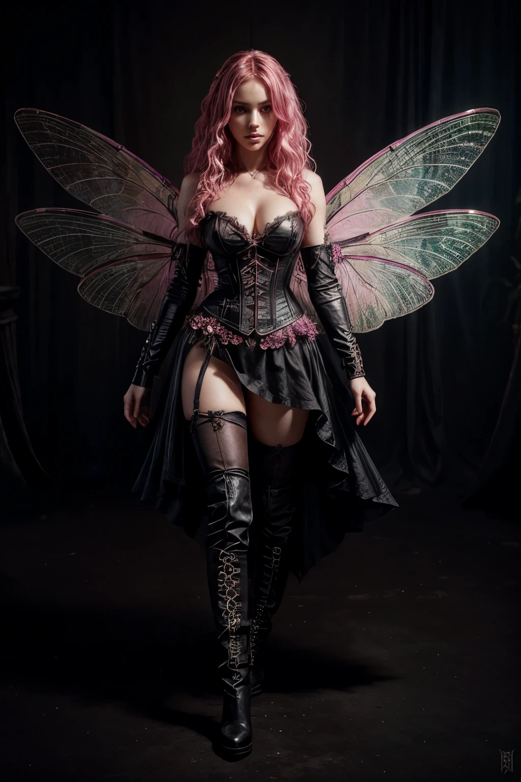 fairy woman with curly pink hair, pale skin color, Pink eyes, An insult, in a black corset, in a skirt and boots, dark fantasy character design, epic exquisite character art, dark fantasy art, with the appearance of Eiza Gonzalez,, dark fairy full view, Amazing character art. Dragonfly wings,