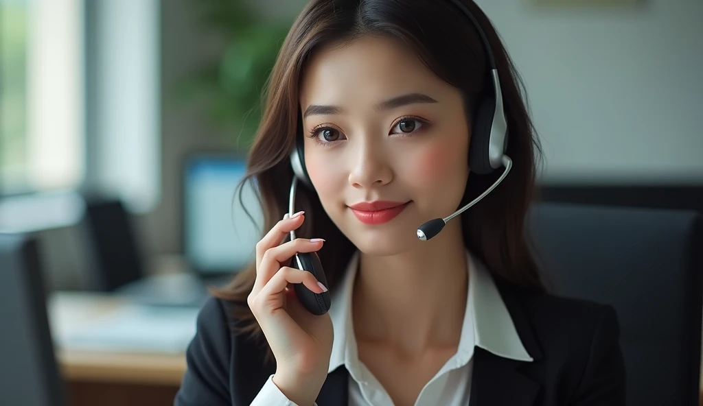 Una hermosa mujer atractiva sentada en un escritorio en una oficina con un computador, es ecepcionista telefonia, diadema de telefonista,habla por telefono
