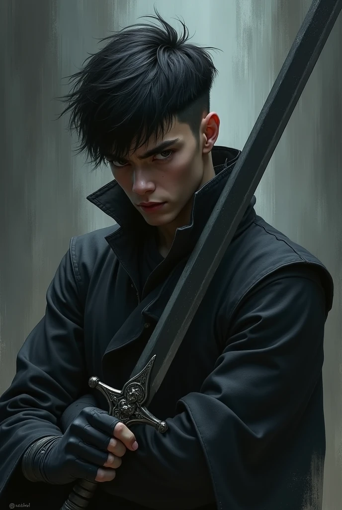 A character with a haircut covering his eyes with a large sword