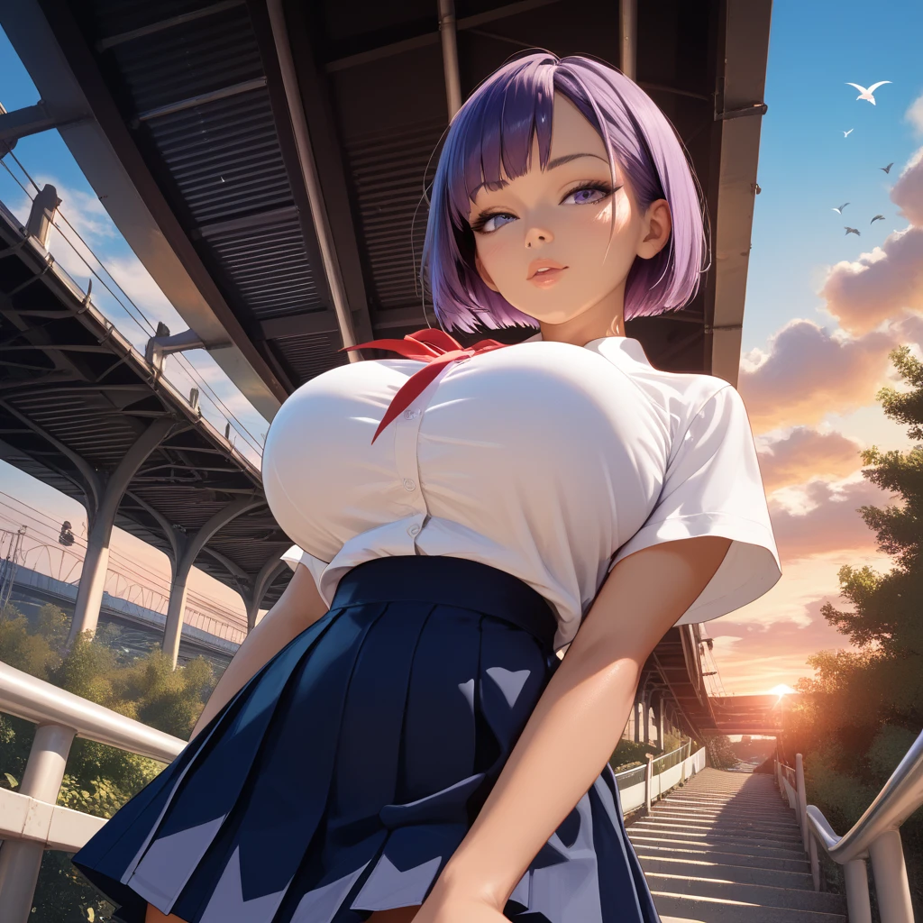 1 female, really short, tanned, round face, front view, pov angle, low angle, short purple hair, bowl cut, bangs, big purple eyes, full lidded eyes, puckered lips, school uniform, white shirt, clothes stretch, realistic fabric, red ribbon, short blue skirt, skin tight clothing, extremely flushed face, massive breasts, slim waist, cinematic lighting, volumetric lighting, sunset, leaves falling in background, birds in sky, detailed city background, on a bridge, warm hues,train tracks in background