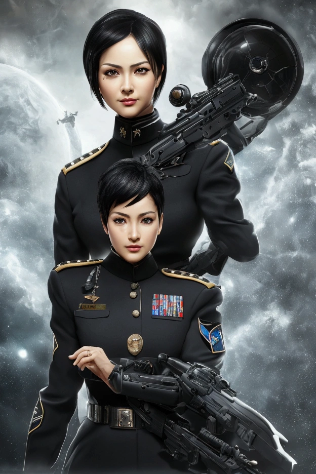 (highest resolution, distinct_Image), Best Quality, masterpiece, Very detailed, semi-realist, a woman with short black hair, mature woman, triple bangs, black uniform, black pleated skirt, military uniform, space spaceship, Control room, commander