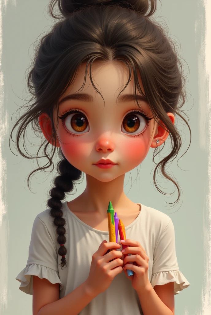 Girl with big brown eyes, curly hair tied in a braid, holds an oastel