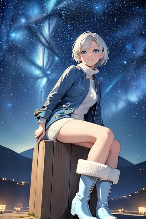 A lady with silvery short hair and blue eyes, Cheeky Smile, Condescending look, Gazing at the viewer, Highly detailed and realistic, masterpiece quality, Very detailed, High resolution, Vibrant colors, Physically Based Rendering, High-definition background, (distance view:1.5), (starry sky:1.3), white sweater, coat, (wearing long boots:1.5)