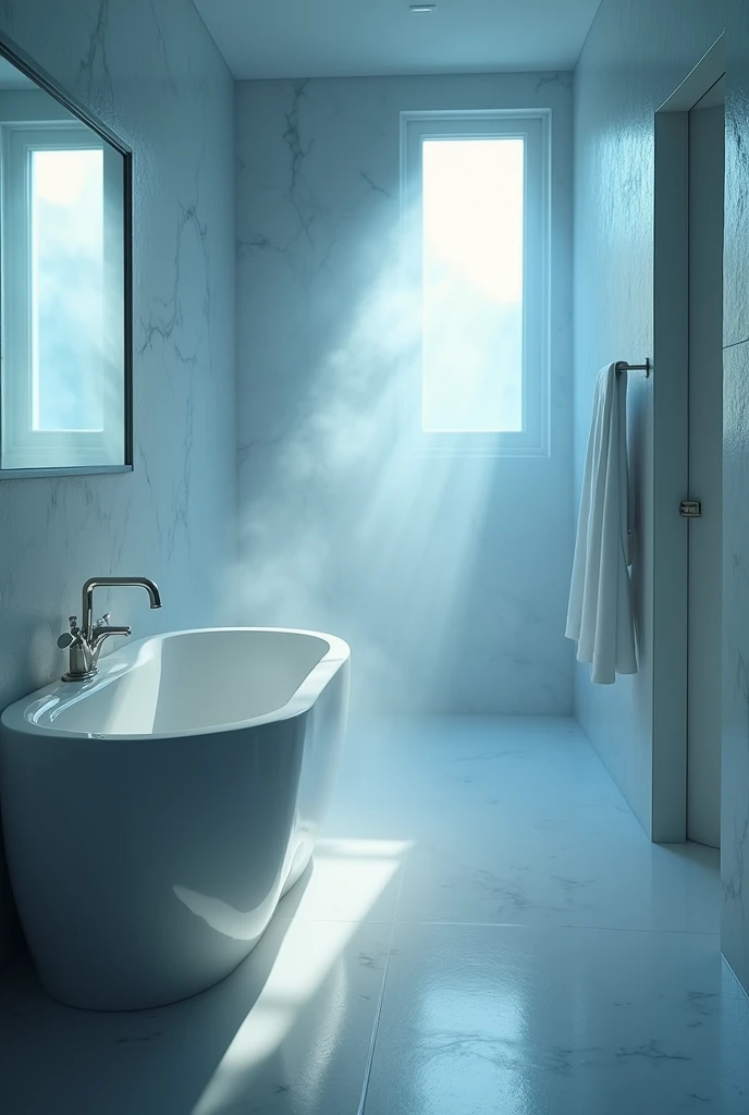 a white dreamy bathroom, foggy, soft focus, cool lighting, muted pastel colors, glowing atmosphere, dramatic shadows, cinematic composition, dream-like quality, ethereal, romantic, soft focus photography, blue hour, midnight, windy, silver white marble, whimsical, hazy, ethereal, hazy