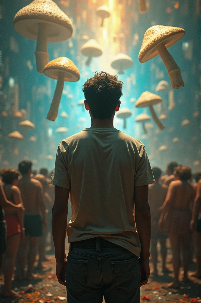 Create a man standing in front of many people, From his perspective he sees himself with hallucinations generated by mushrooms